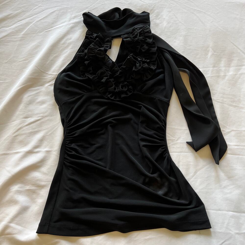 Candie's black ruched ruffle tank halter neck tie top S
